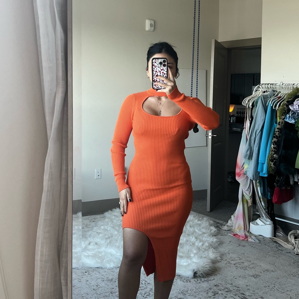 Orange knit cut out midi dress